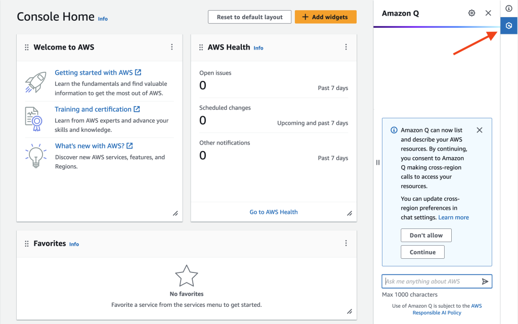 The AWS Management Console main page displays an arrow pointing to the Amazon Q Developer icon, and the Amazon Q Developer chat is opened, prompting you to confirm the cross-reference option.
